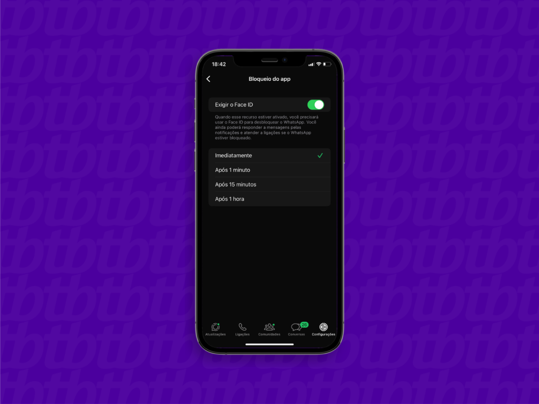 Captura de tela mostra configuração do Face ID ativa no WhatsApp para iPhone